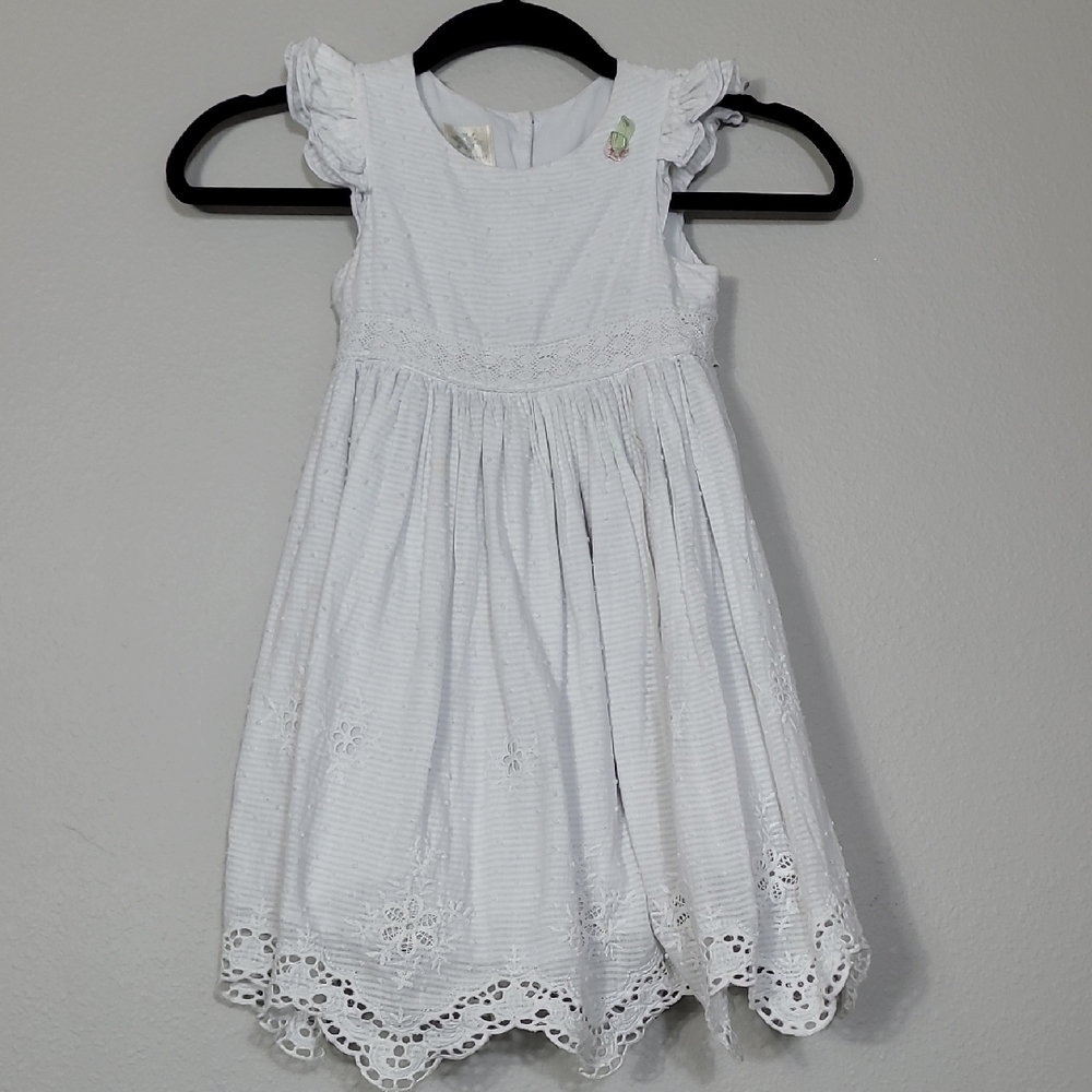 Laura Ashley Eyelet Fit & Flare Dress Girls Size 5 Ivory Cottagecore Ruffle Line